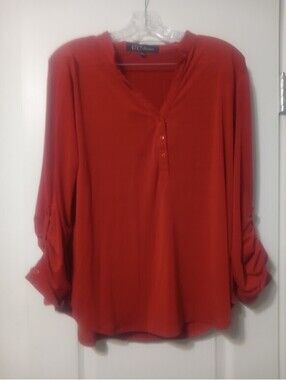 Rust Colored G Collection Roll-Tab Sleeves, V-Neck Large Blouse